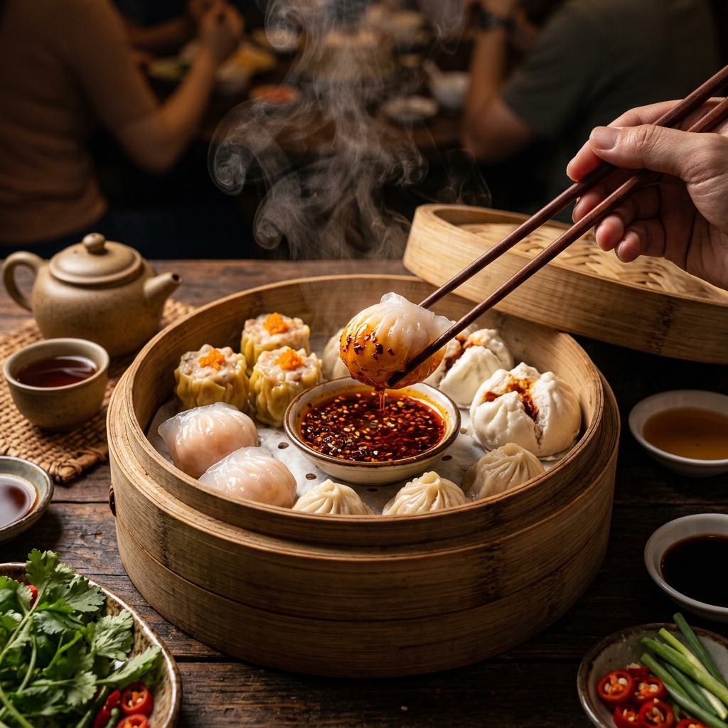 Dipping dim sums in hot chili oil