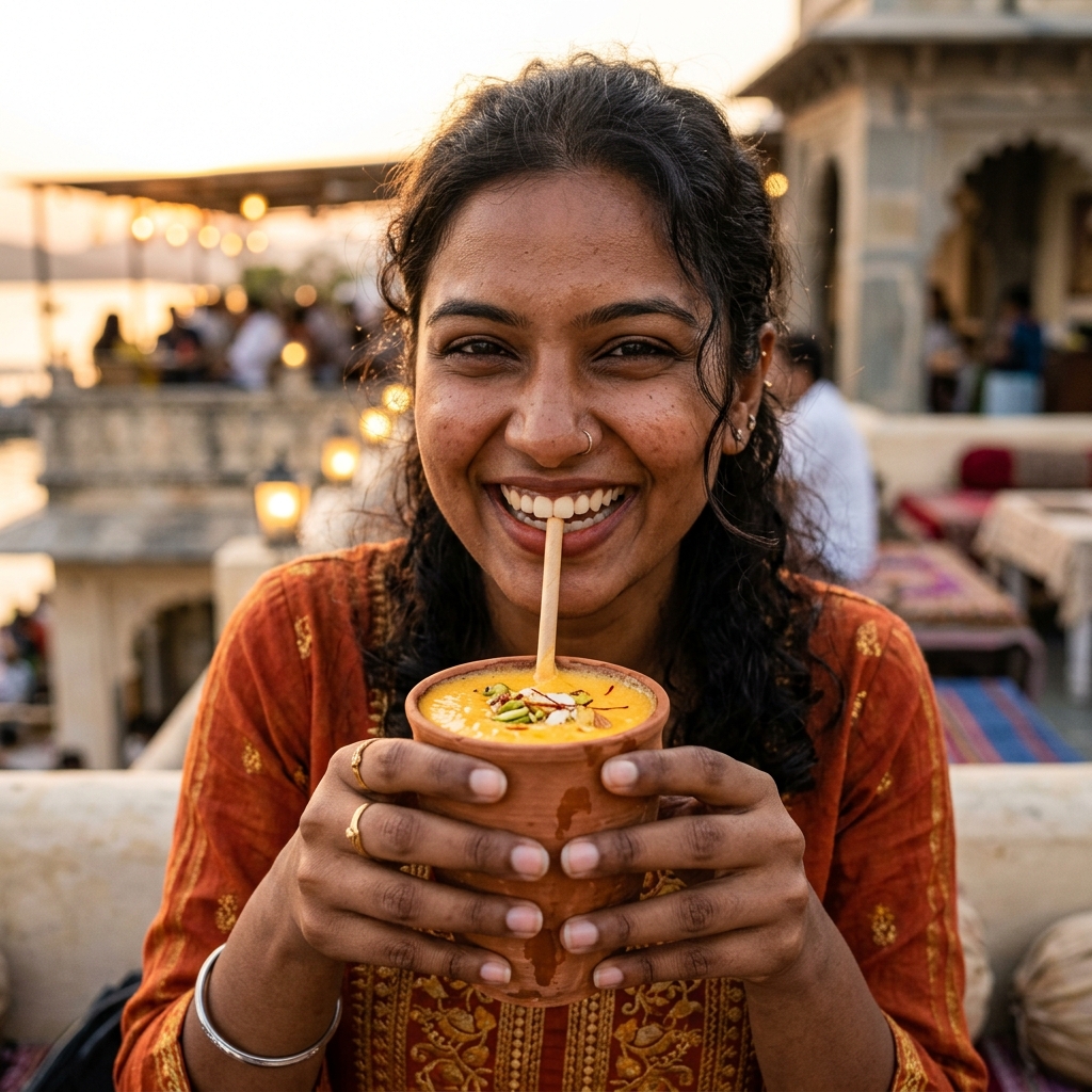 Drinking sweet cold mango lassi