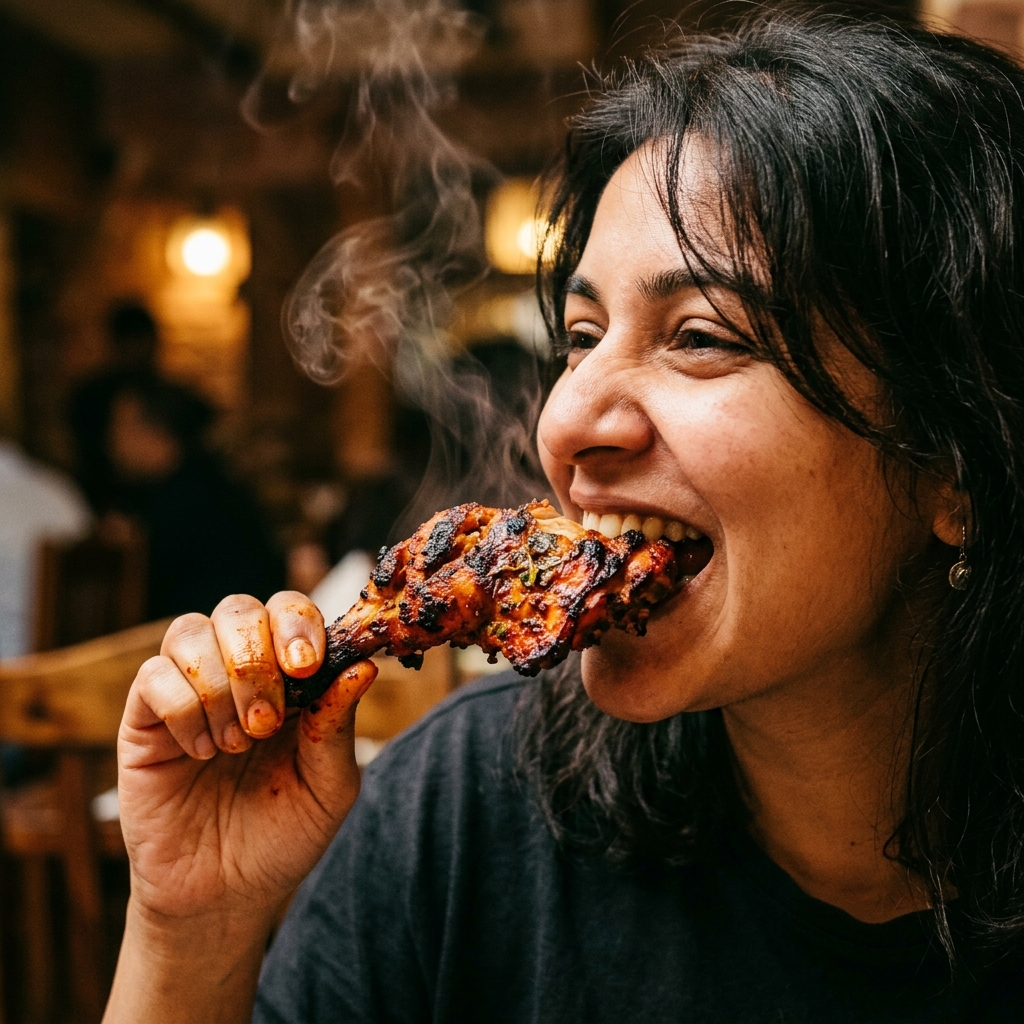 Biting smoky tandoori chicken kebab