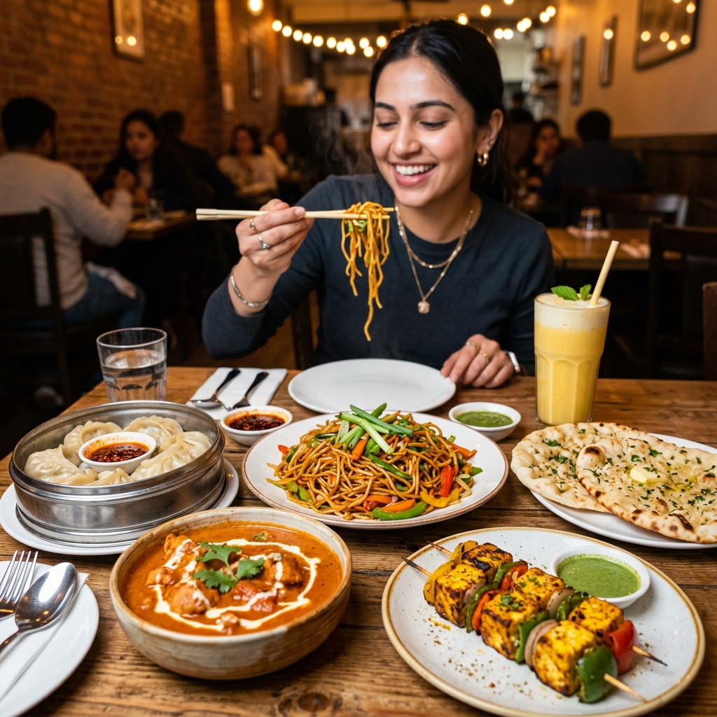 A table full of delicious menu dishes and noodle eating
