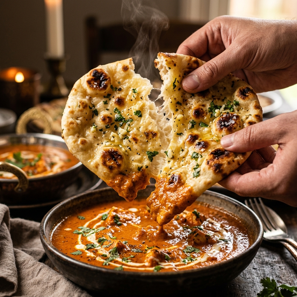 Pulling fresh butter garlic naan
