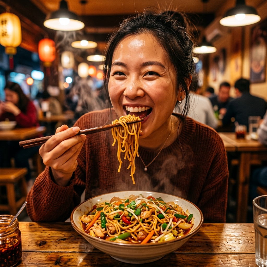 Happily eating Hakka Noodles